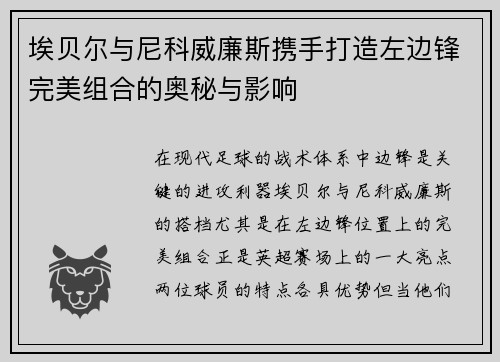 埃贝尔与尼科威廉斯携手打造左边锋完美组合的奥秘与影响